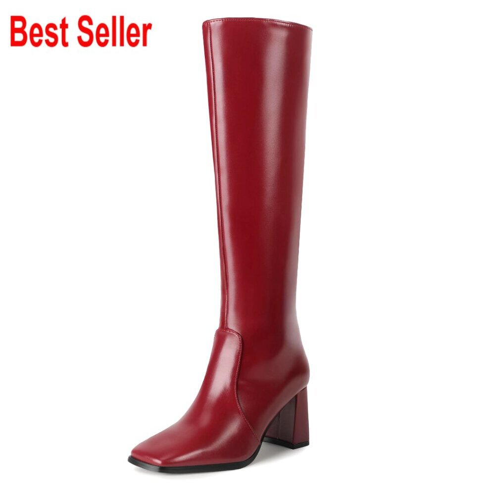 Faux Leather Knee High Boots with Square Toe Chunky Heel Side Zipper